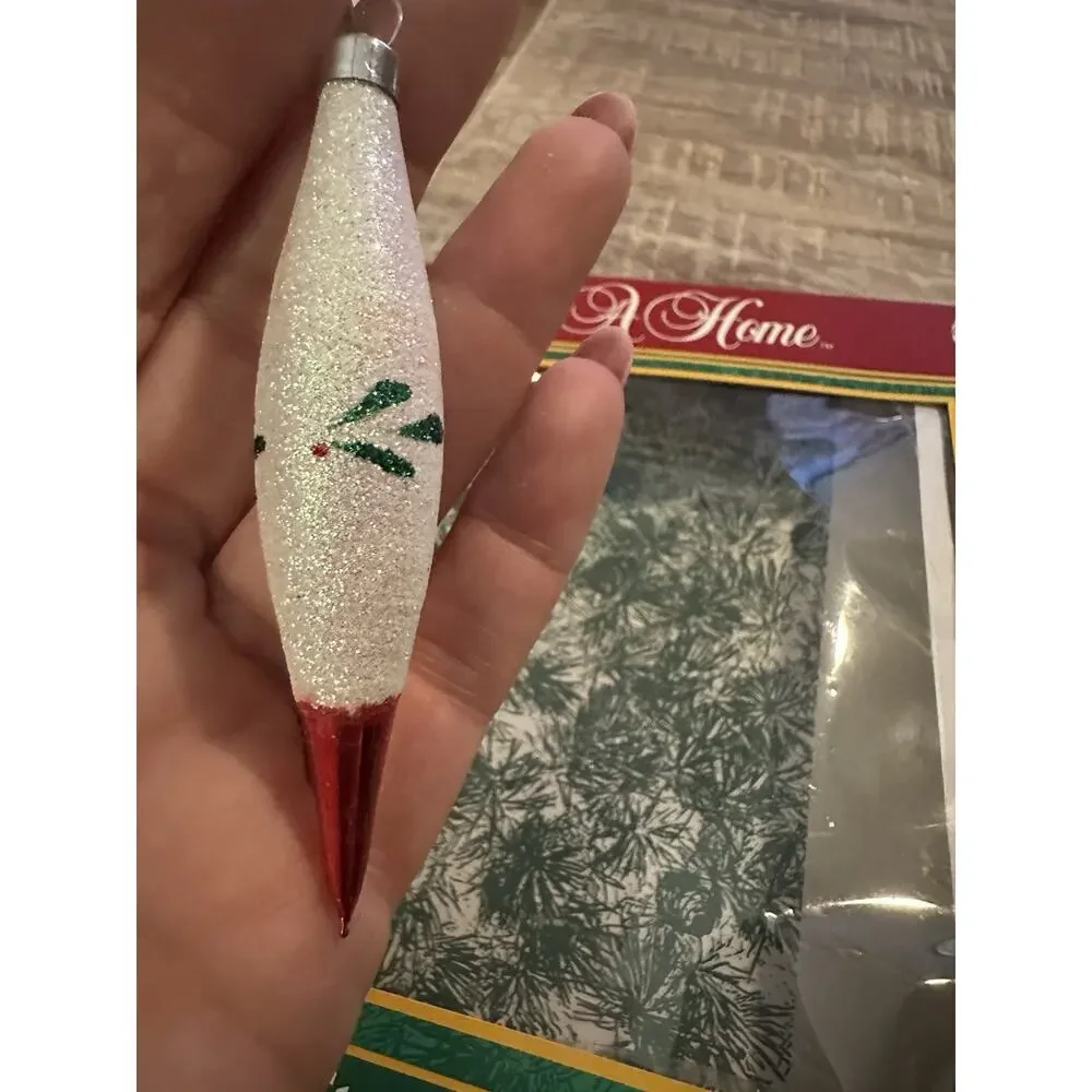 2-VTG Trim A Home Kmart Tear Drop Red White Green Glitter Glass Ornament Xmas